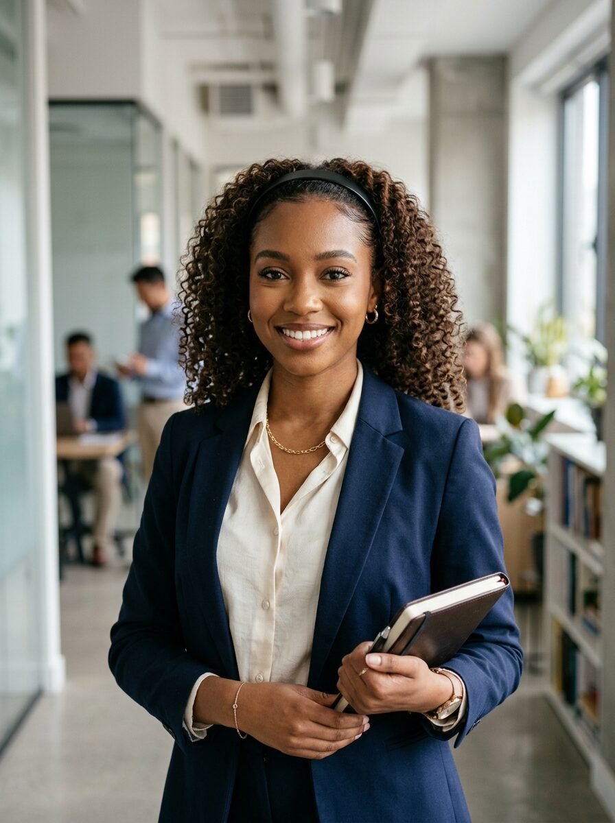 Portrait of a woman with curly hair wearing a navy blue blazer and holding a closed journal in a modern workspace.