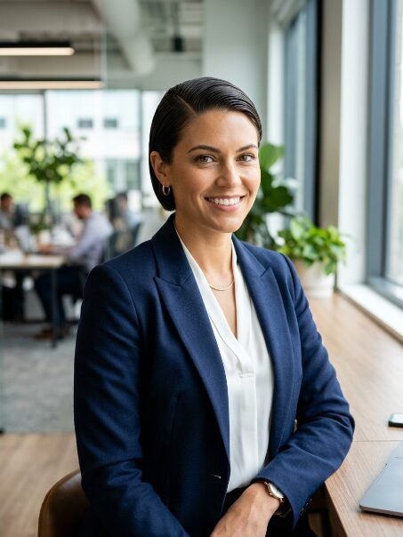 Portrait of a smiling professional woman with short dark hair in a navy blazer sitting by a window in an office.