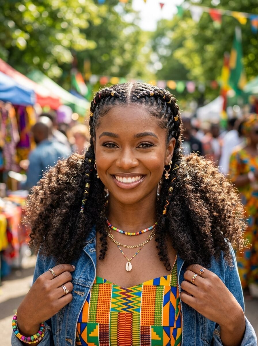Close-up portrait of a smiling woman with braided pigtails, wearing a patterned top and denim jacket at a festival.