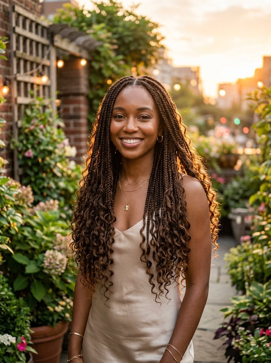A woman with long wavy braids posing in a garden at sunset while wearing a satin dress.