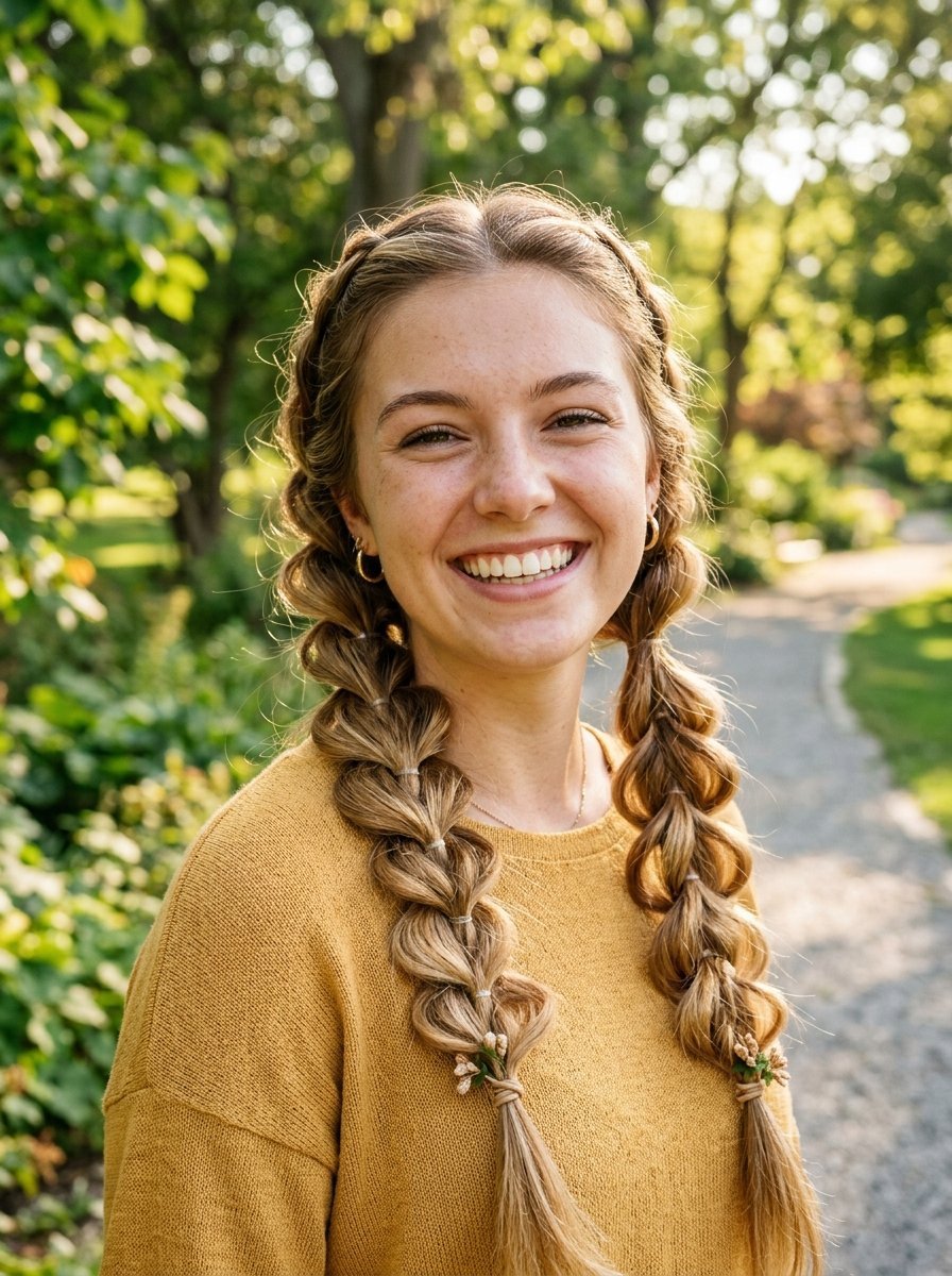 Portrait of a happy girl in a mustard sweater with twin bubble braids standing on a nature path.