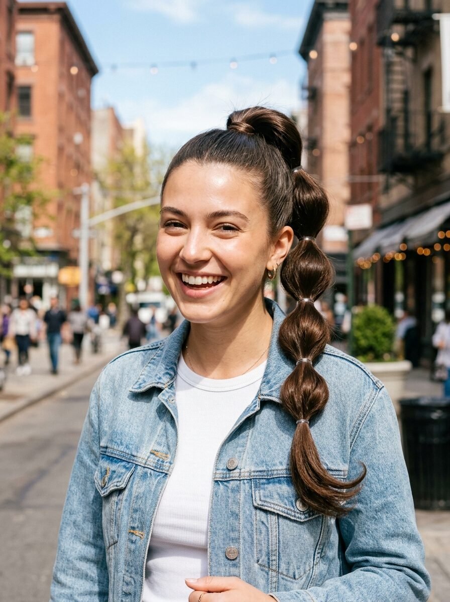 Portrait of a laughing girl wearing a denim jacket and hair styled in a long bubble ponytail.