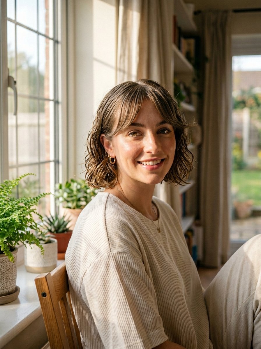 Portrait of a woman with wavy hair wearing a cream shirt, sitting near indoor plants by a bright window.