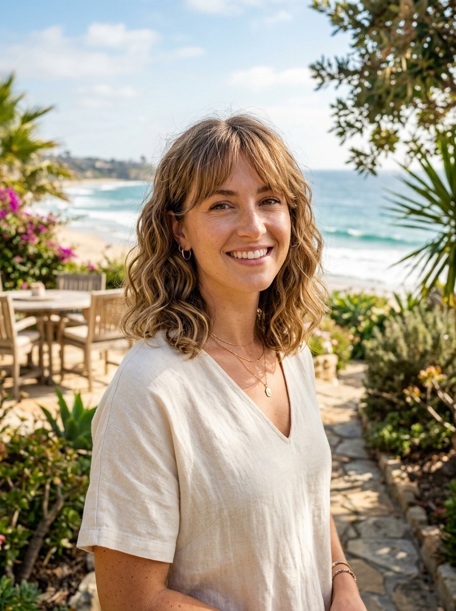 Portrait of a smiling woman with shoulder-length wavy hair wearing a cream shirt in front of an ocean view.