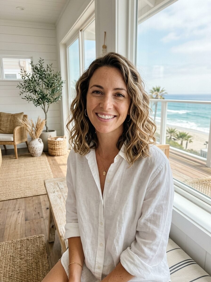 A woman with wavy hair in a white shirt sits indoors by a large window with a view of a beach and ocean.