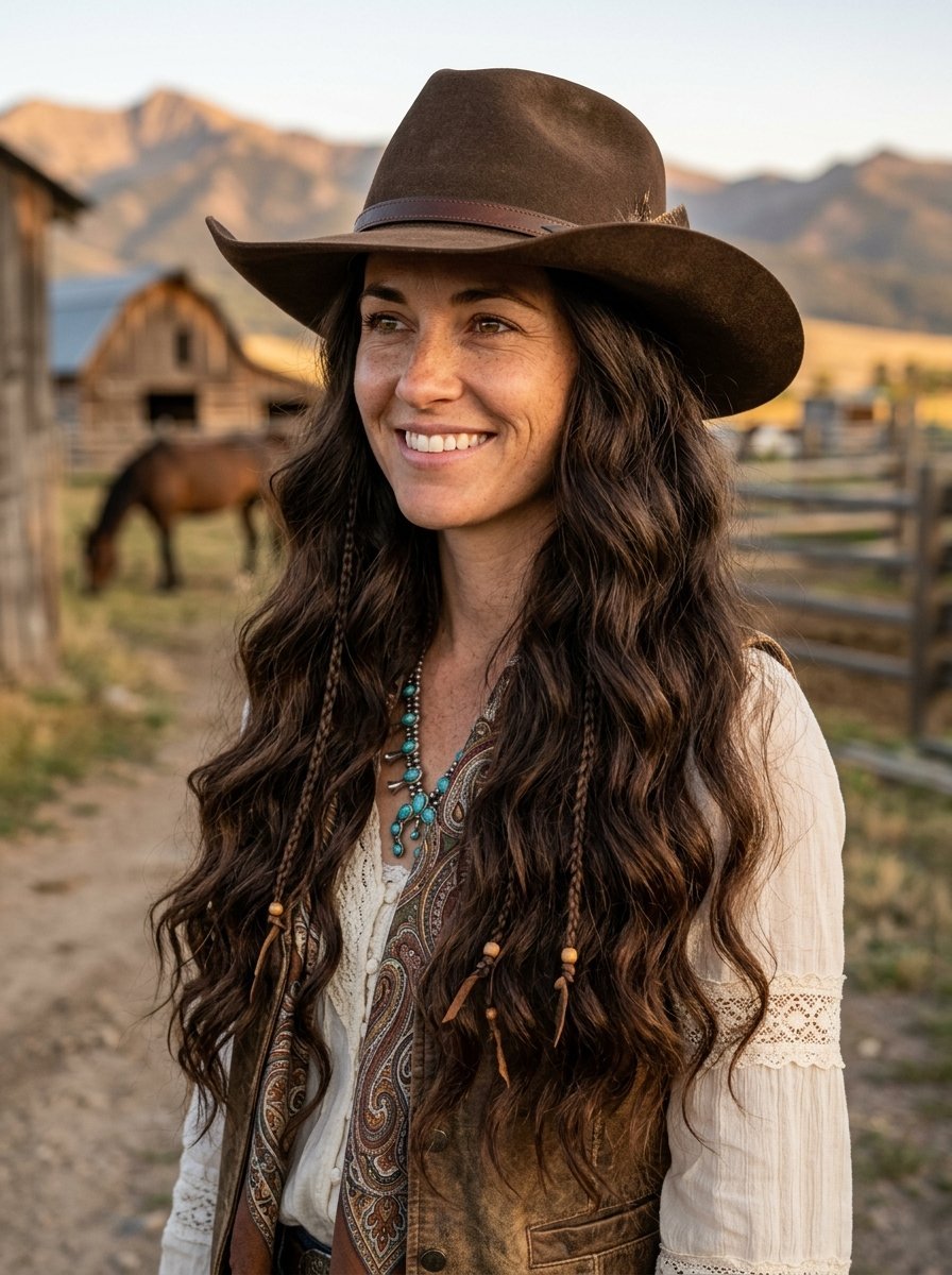 Portrait of a smiling woman with wavy hair and turquoise jewelry standing in front of a rustic barn and horses.