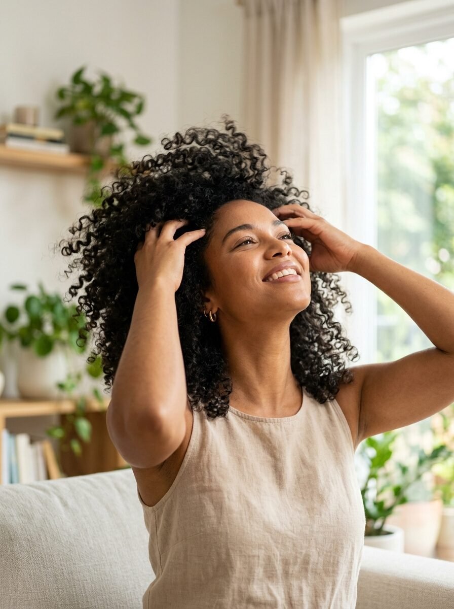 Close up of a smiling woman with thick curly dark hair touching her scalp while sitting in a sunny living room.