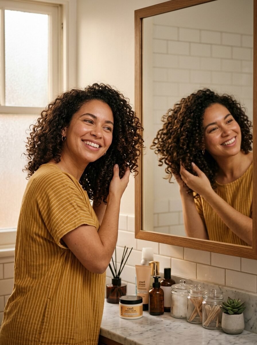 Woman in mustard striped shirt touching her voluminous dark curly hair while looking into a bathroom mirror.