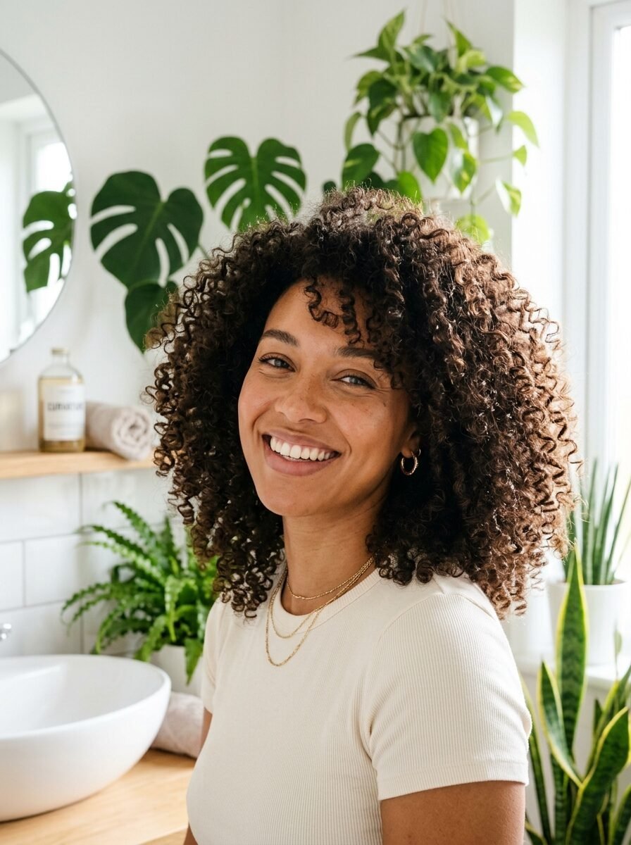 Close up of a happy woman with brown curly hair standing in a bright bathroom filled with indoor plants.