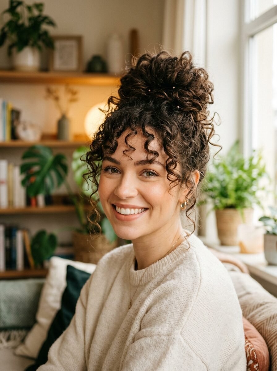 Portrait of a smiling woman with a high messy curly bun and face-framing tendrils indoors.