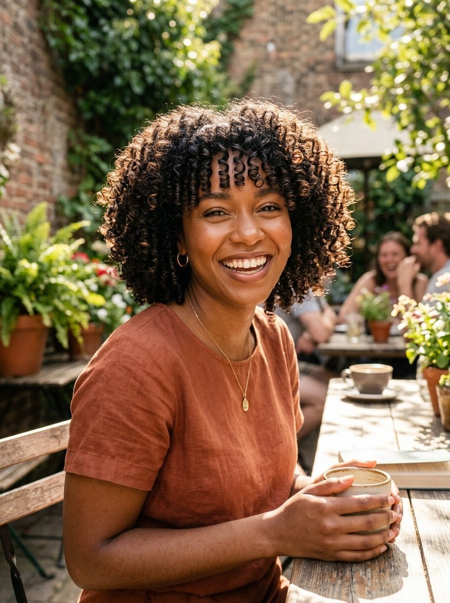 A joyful woman with curly hair sits at a wooden outdoor table holding a mug in a sunlit garden setting.