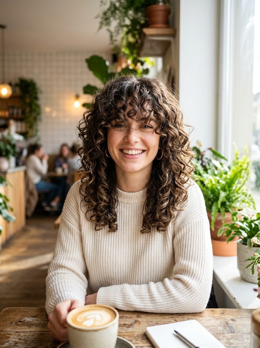 Portrait of a cheerful woman with curly hair sitting at a wooden table with a coffee cup.