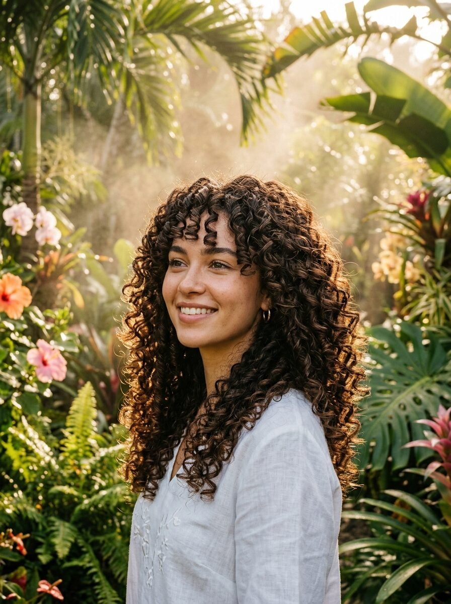 Portrait of a joyful woman with long curly hair posing in a sunlit garden filled with vibrant plants.