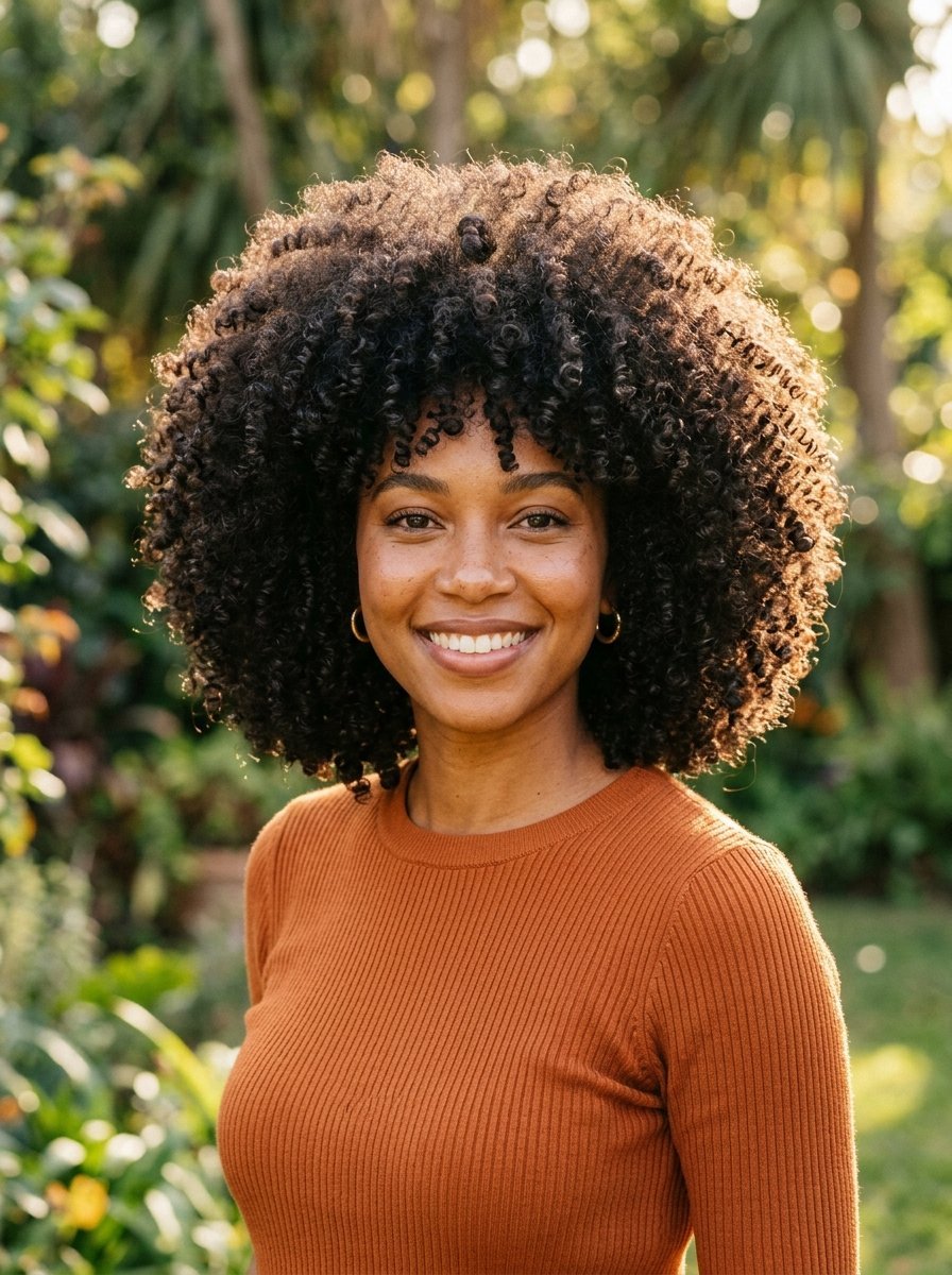 Close-up portrait of a woman wearing an orange ribbed shirt outdoors with golden hour sunlight hitting her hair.