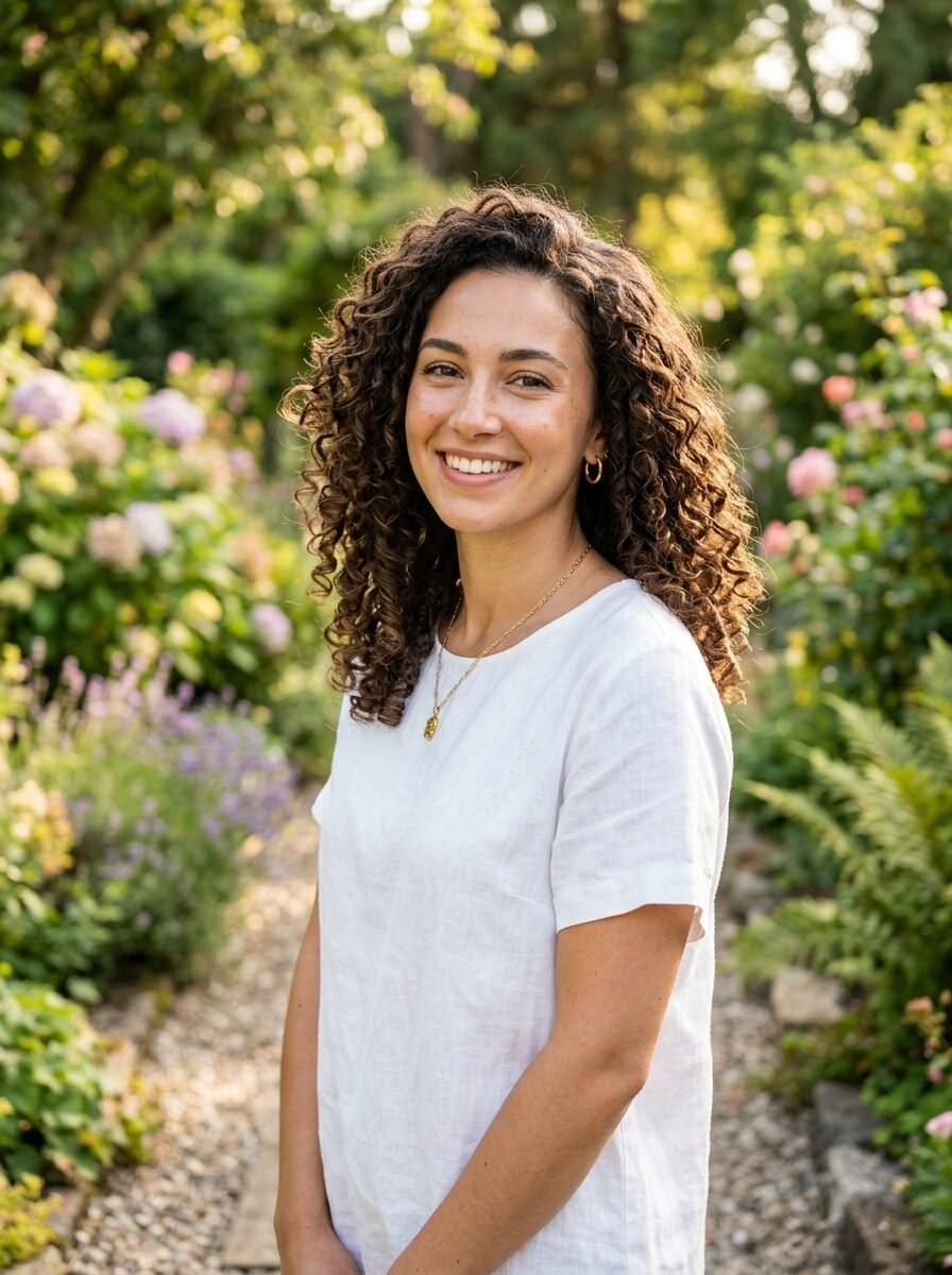 Portrait of a smiling young woman with long curly hair wearing a white linen top in a lush, sunny garden.