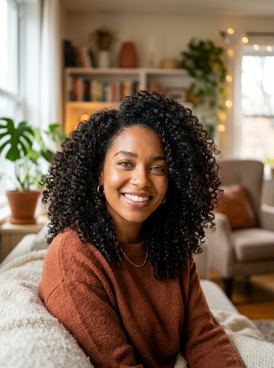 Portrait of a smiling young woman with dark curly hair wearing a rust-colored sweater sitting on a couch.