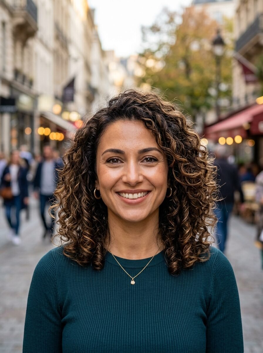 Portrait of a smiling woman with voluminous curly hair wearing a dark green top on a blurry city street.