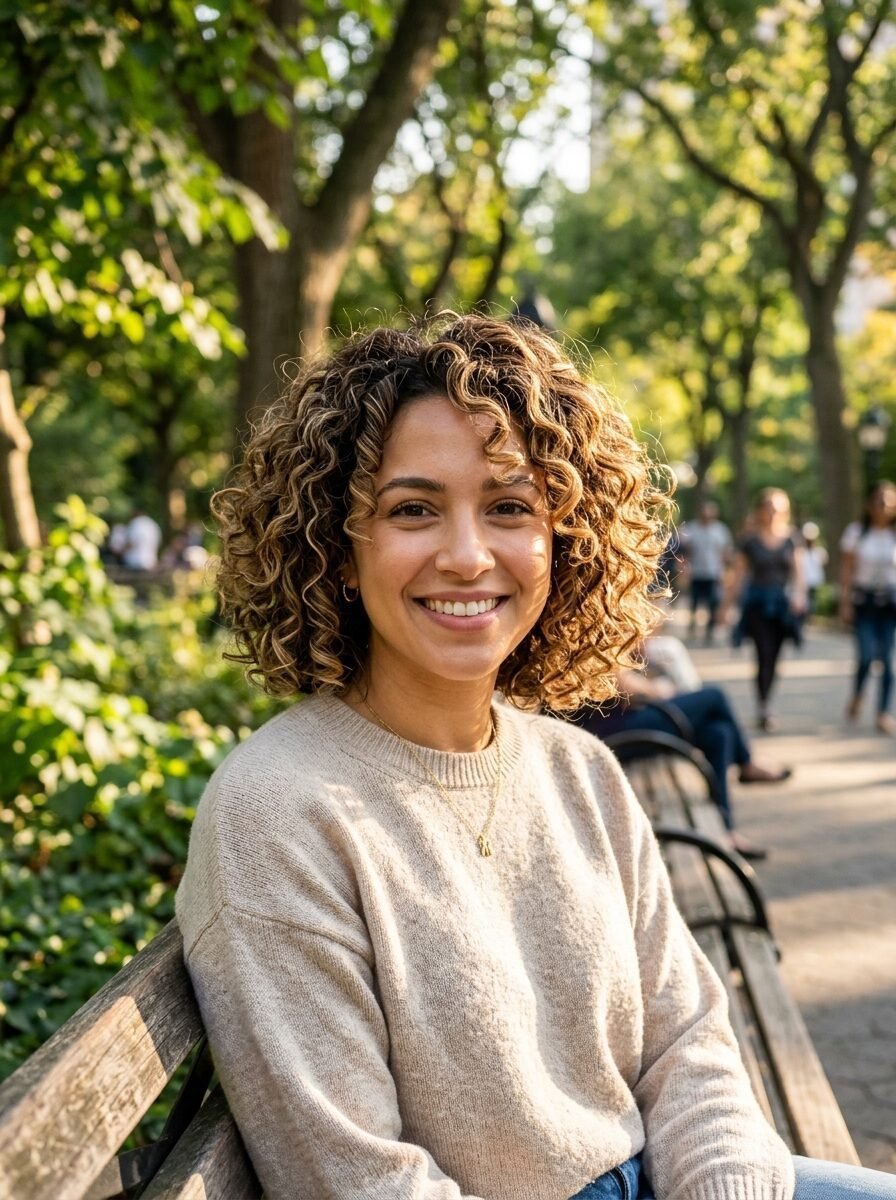Portrait of a happy person with highlighted ringlets sitting on a park bench during a sunny day.