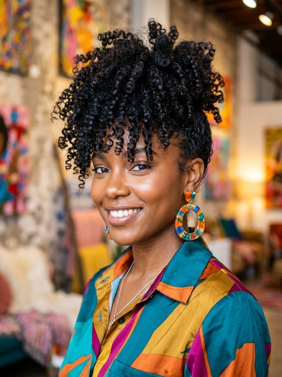 Close-up portrait of a Black woman with natural curly hair wearing a colorful patterned shirt and gold hoop earrings.