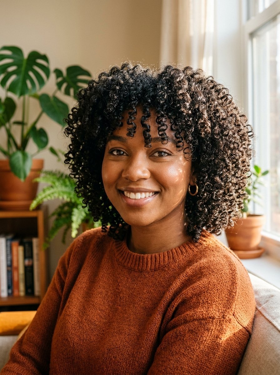 A young woman with dark curly hair and a warm smile sits in a sunlit room filled with green houseplants.