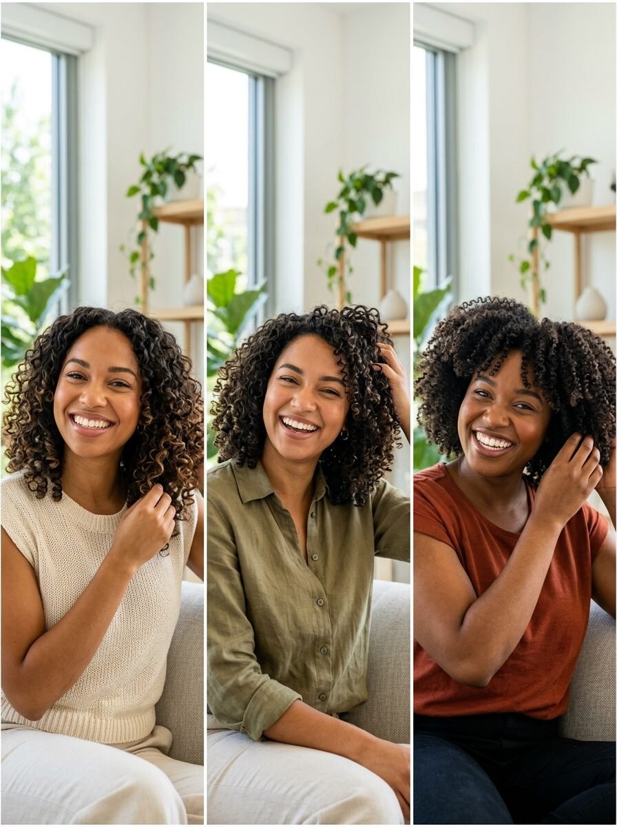 A triptych showing the same happy woman posing in different outfits with vibrant textured hair.