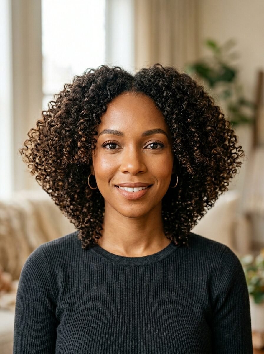 Close up headshot of a smiling woman with dark, textured curly hair wearing a ribbed charcoal sweater.