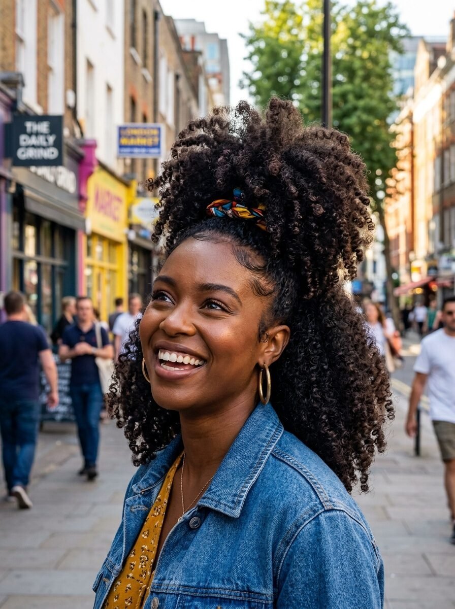 Close up of a laughing woman with natural curly hair and a denim jacket in a busy London neighborhood.