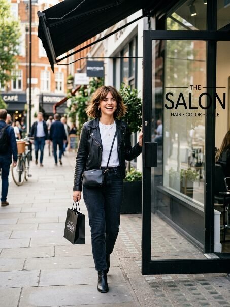 A woman in a black leather jacket walks out of a salon holding a shopping bag on a busy sidewalk.