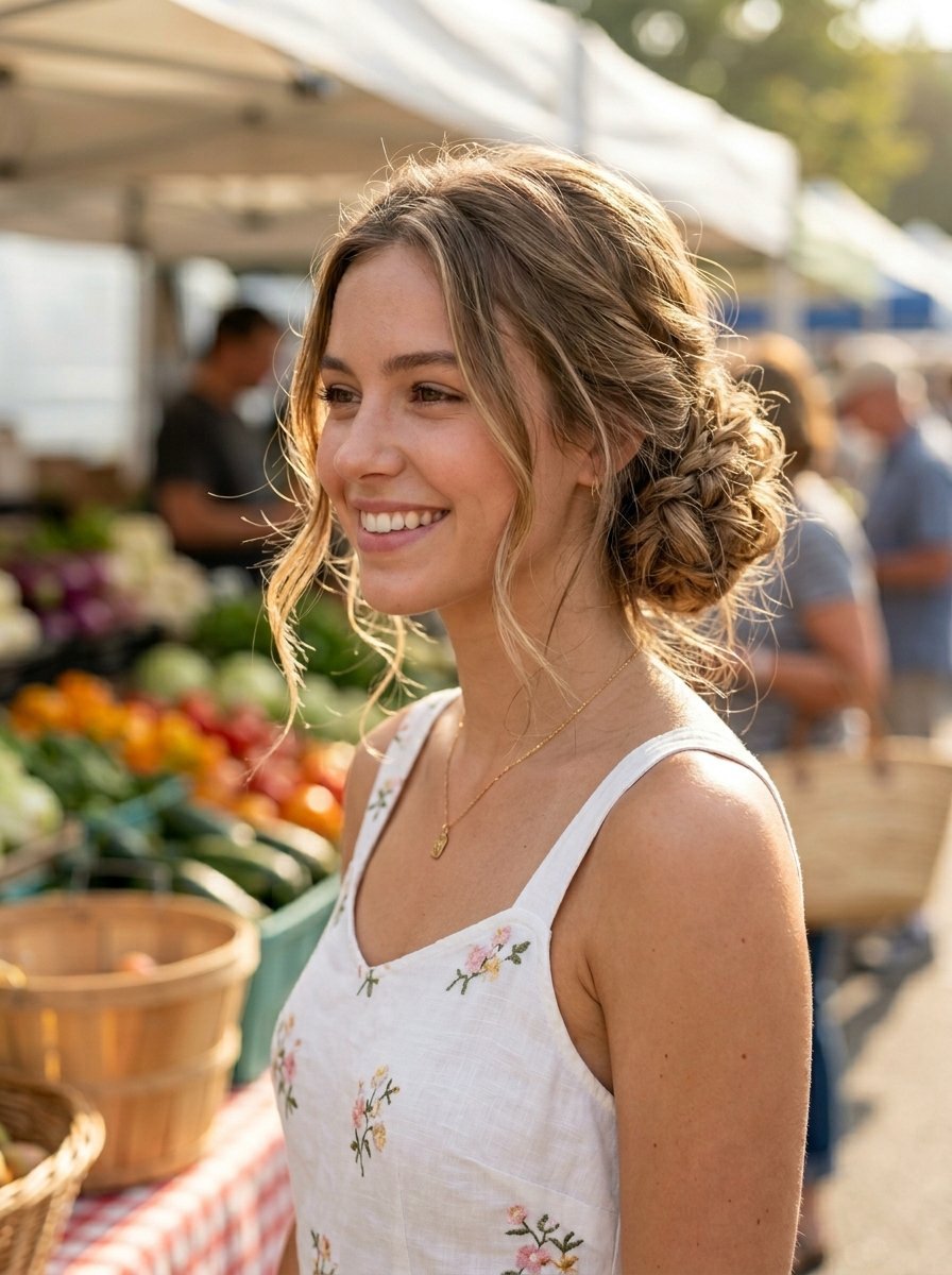 A smiling woman with blonde hair in a low bun wearing a floral white sundress stands at a vegetable market.