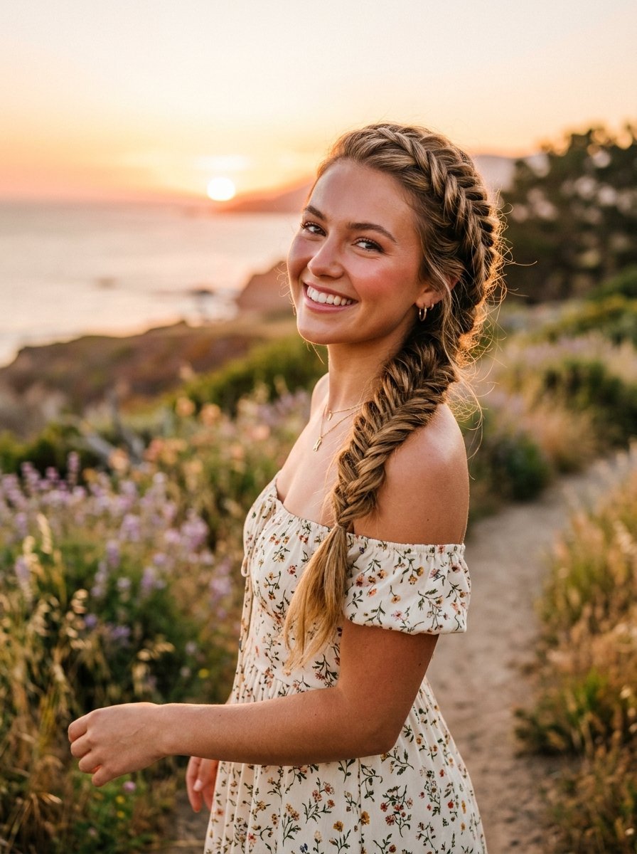 A smiling blonde woman in a floral dress wearing a fishtail braid stands on a coastal path during a golden hour sunset.