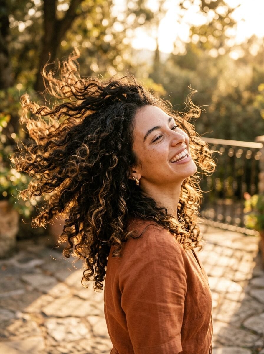 A woman with dark curly hair tossing her head back while smiling outdoors in the warm afternoon sun.