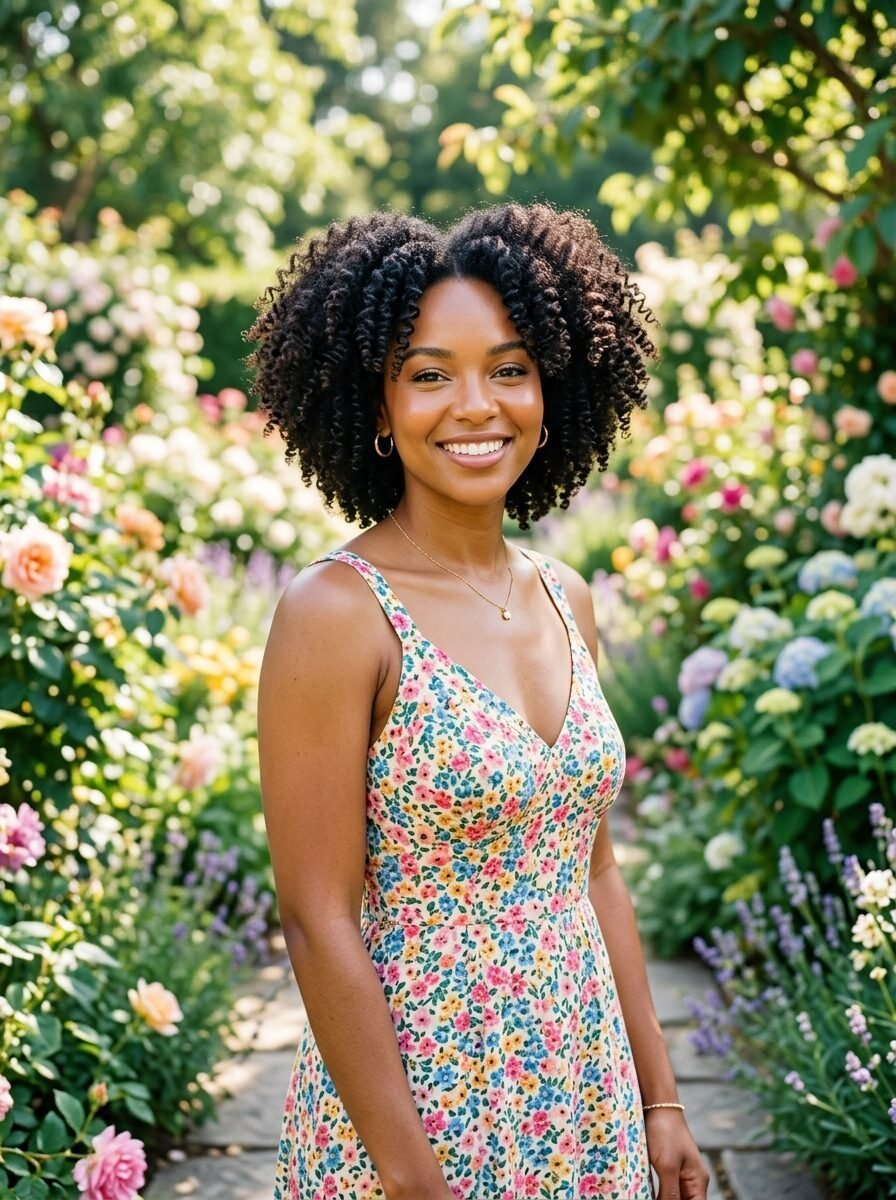 Portrait of a smiling young woman with curly hair standing among blooming flowers and rose bushes.