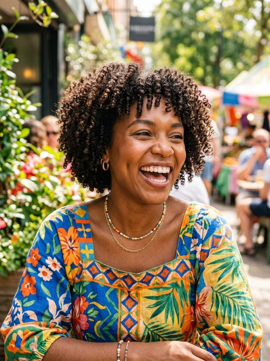 Close-up of a happy Black woman with curly hair wearing a vibrant blue and orange floral top outdoors.