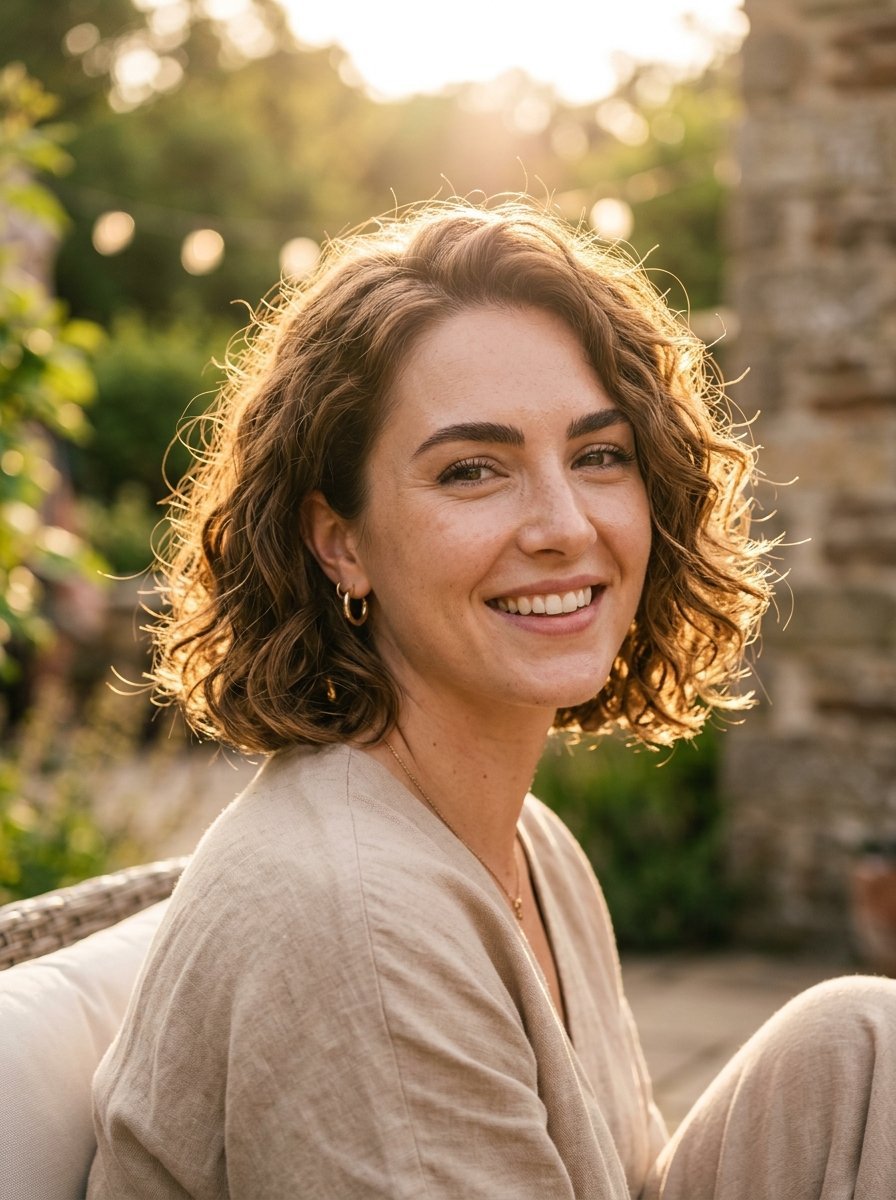 Close-up portrait of a woman with wavy hair smiling outdoors during sunset with a soft glow behind her.