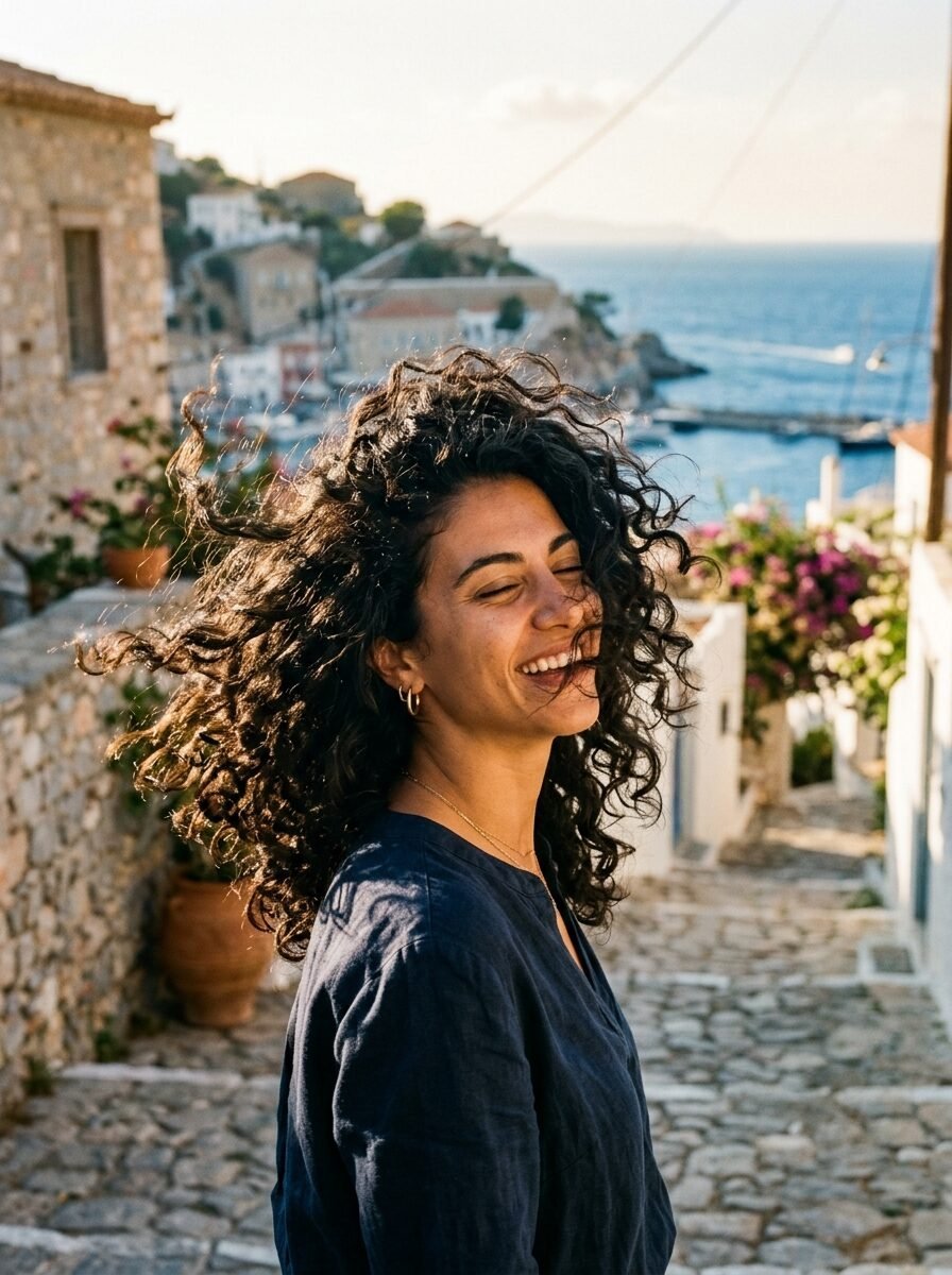 Portrait of a curly-haired woman smiling outdoors on a Mediterranean stone path with harbor views.