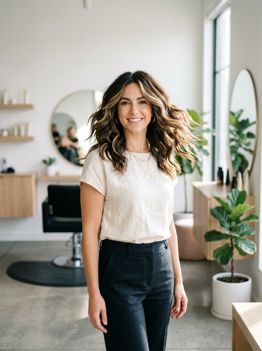 A woman with wavy highlighted hair smiling in a minimalist hair salon with mirrors and potted plants.