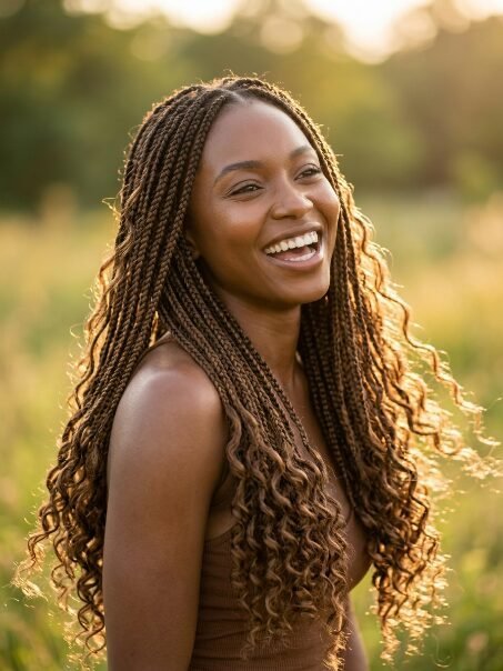 Portrait of a laughing woman with long, curly braided hair posing in a sunlit outdoor field.
