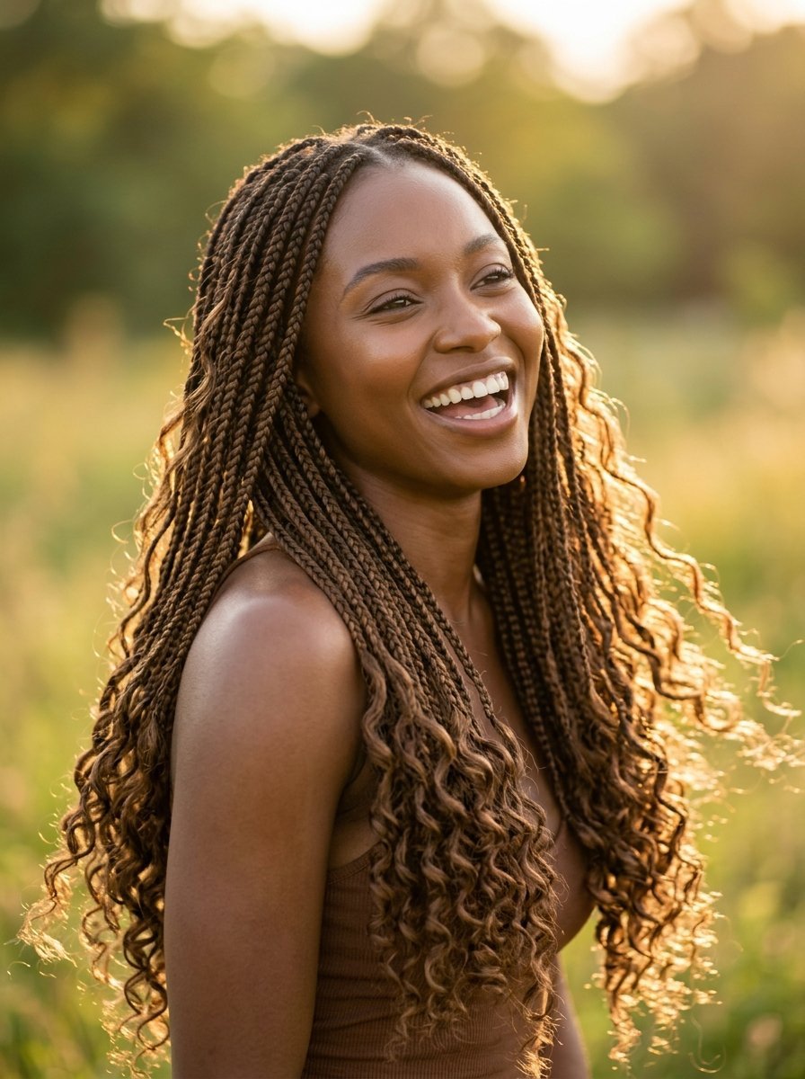 Portrait of a smiling Black woman with long, textured braids standing in a sunlit outdoor field.
