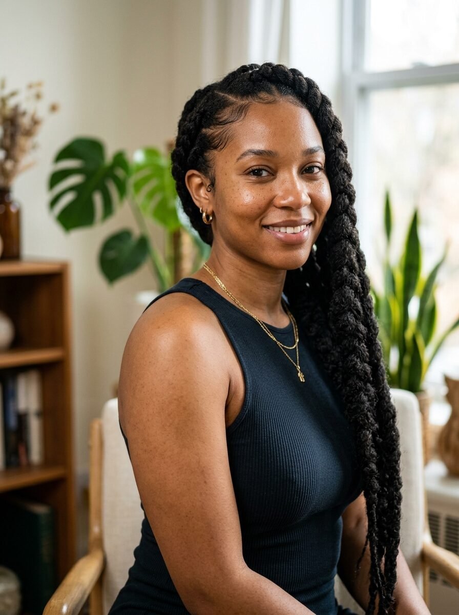 Portrait of a woman wearing a black tank top and gold necklaces with a Monstera plant in the background.