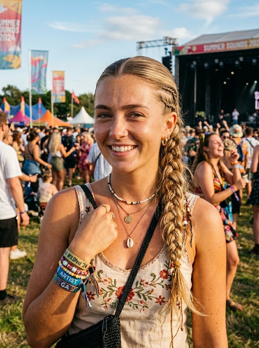 Close-up of a smiling blonde woman with side braids and beaded necklaces at an outdoor music concert.