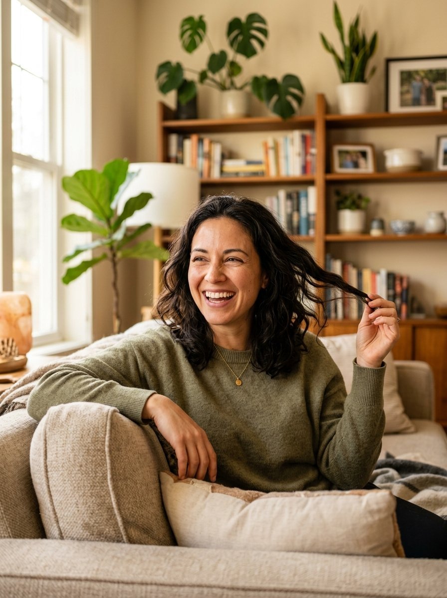 A brunette woman with a wide smile touches her hair while relaxing on a beige sofa in a sunlit living room.