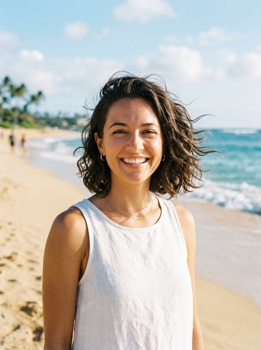 Portrait of a smiling woman with shoulder-length wavy hair wearing a white tank top on a sunny beach.