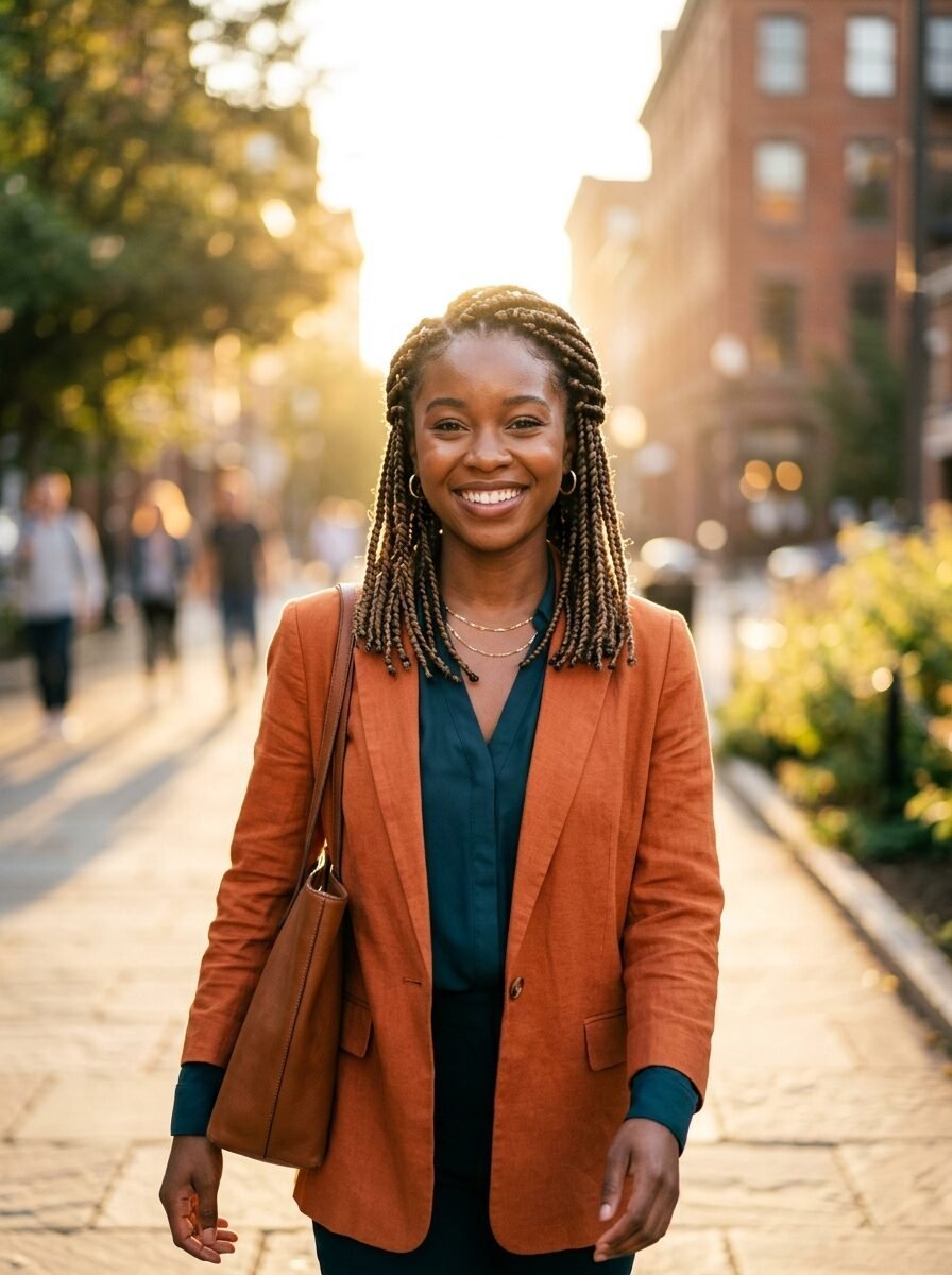 Portrait of a smiling woman with braided hair wearing a rust-colored jacket on a sunny city sidewalk.