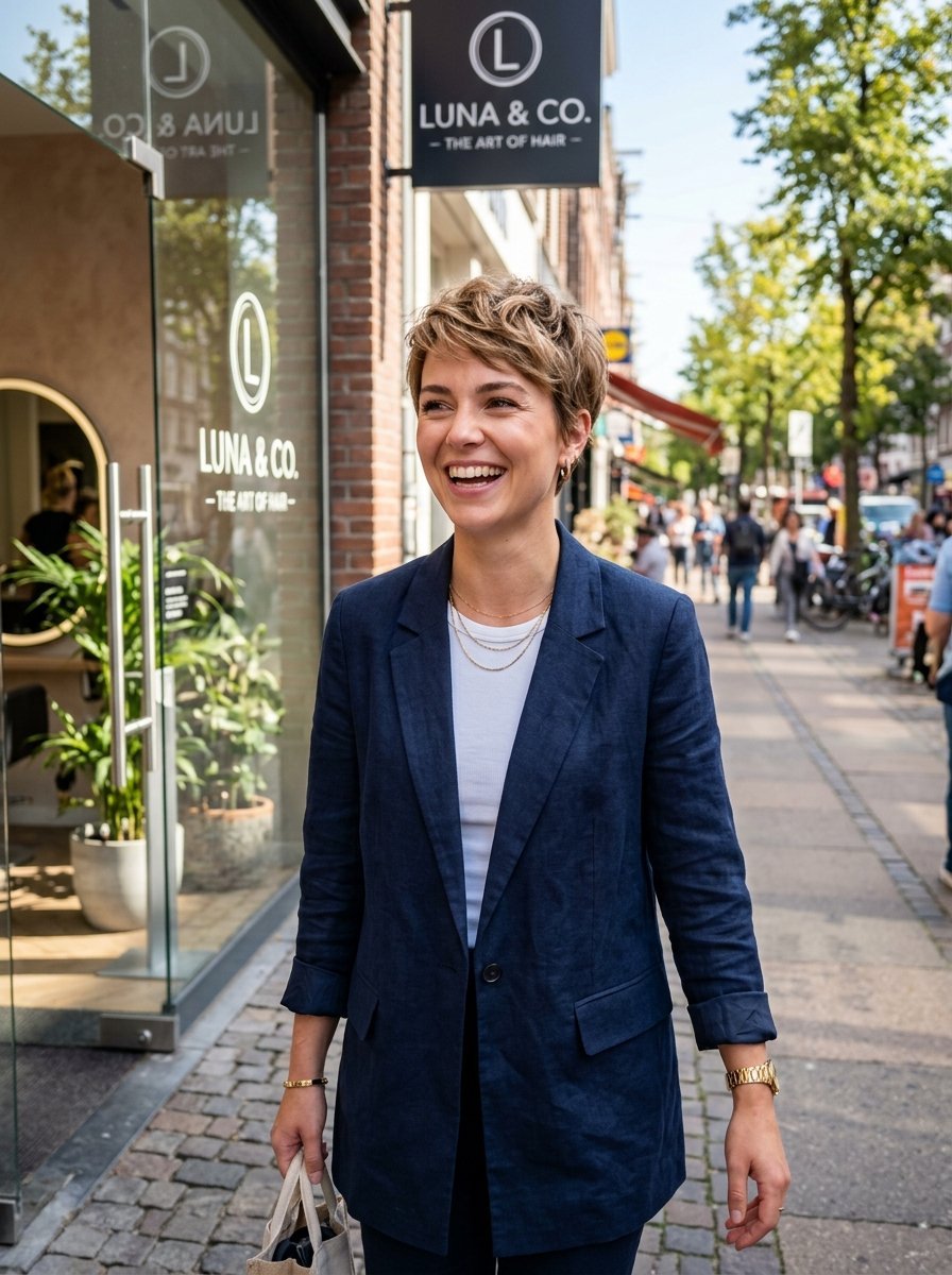 Short-haired woman in a navy blue blazer laughing on a sunny sidewalk in front of a hair salon storefront.