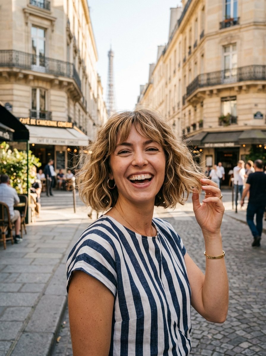 Close-up of a happy woman in a striped top with the Eiffel Tower in the background on a sunny day.