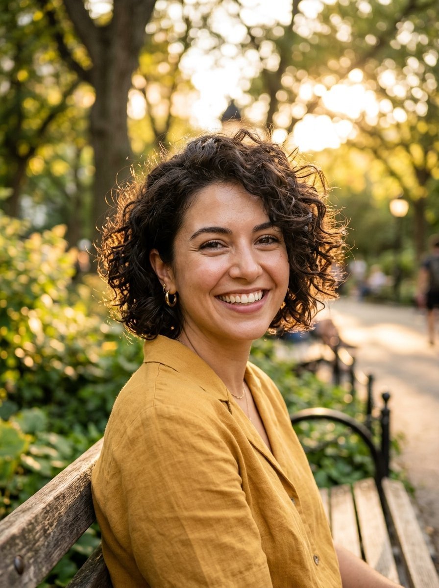 Portrait of a smiling woman in a yellow linen shirt outdoors during golden hour.