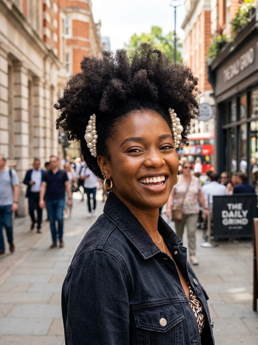Portrait of a smiling Black woman with voluminous natural hair pinned back by elegant pearl clips.