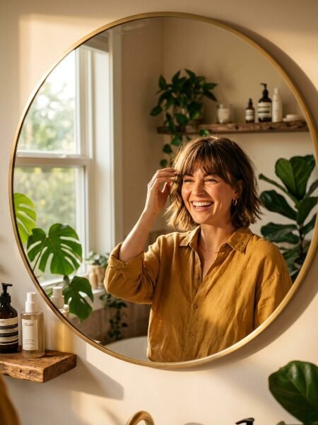 Happy woman with bob haircut reflected in a circular gold frame mirror with plants and skincare bottles nearby.