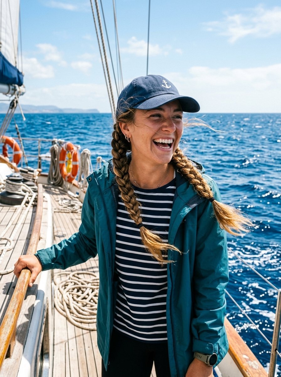 Young woman wearing a striped shirt and anchor cap laughs on the deck of a sailboat at sea.