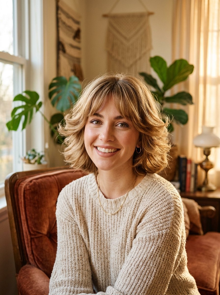 Close-up of a smiling blonde woman with layered wavy hair sitting in a rust-colored velvet armchair near a window.